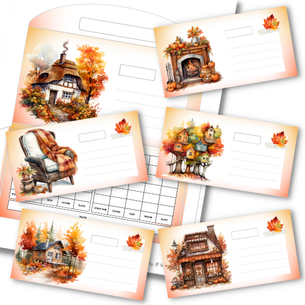 Printable fall cash envelopes featuring cozy cottages, autumn trees, fireplaces, and rustic scenes in warm seasonal colors.