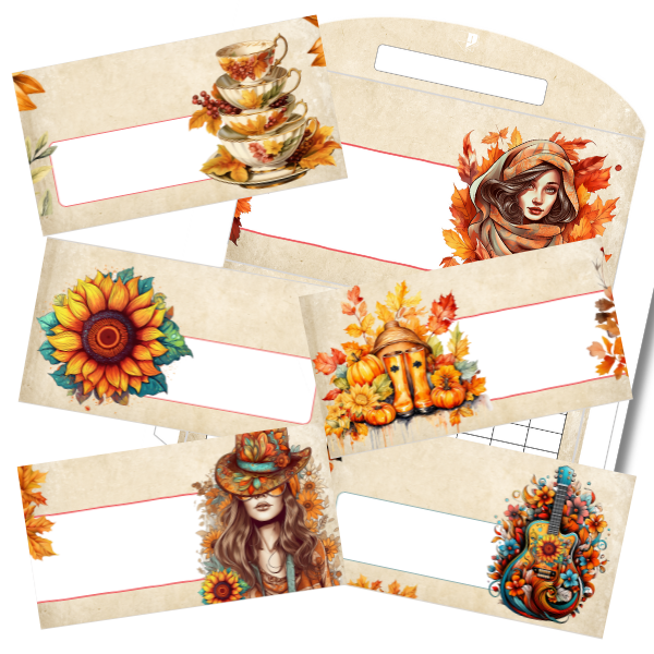 Boho-style fall cash envelope templates with illustrations of sunflowers, teacups, pumpkins, fall fashion, and seasonal guitars.