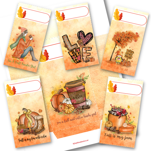 Whimsical vertical fall cash envelopes with coffee cups, pumpkins, autumn leaves, and fun seasonal sayings in a warm color palette.