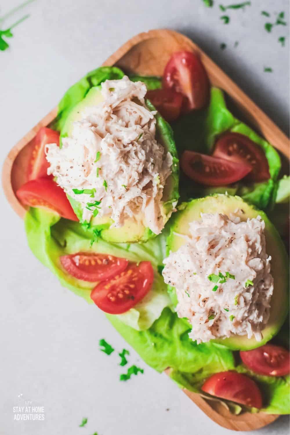 Stuffed avocados are delicious. Learn how to create simple to make stuffed avocados made with chicken breast. #avocadorecipe #stuffedavocado via @mystayathome