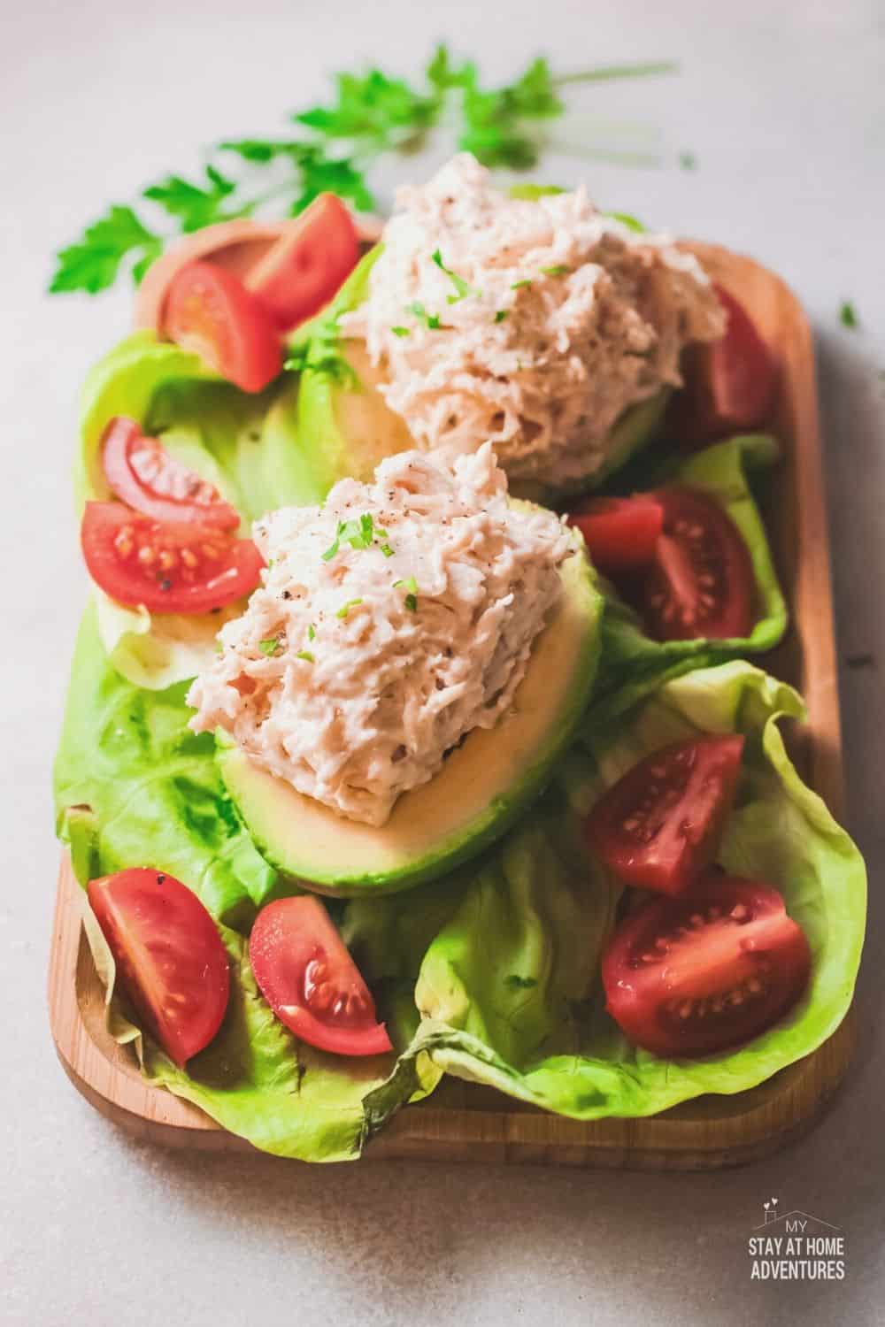 Stuffed avocados are delicious. Learn how to create simple to make stuffed avocados made with chicken breast. #avocadorecipe #stuffedavocado via @mystayathome