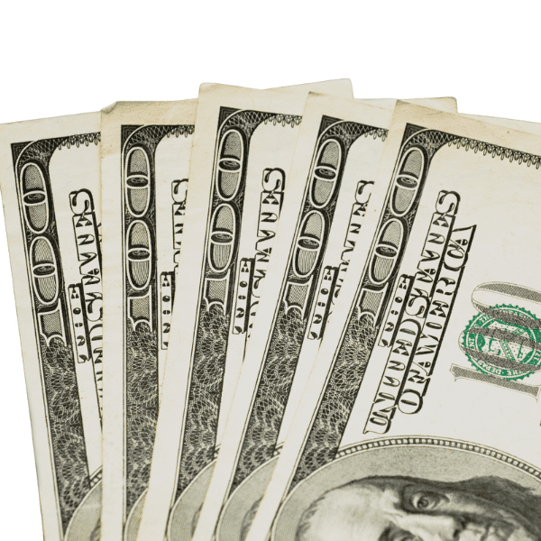 Photo of five $100 bills on white background.