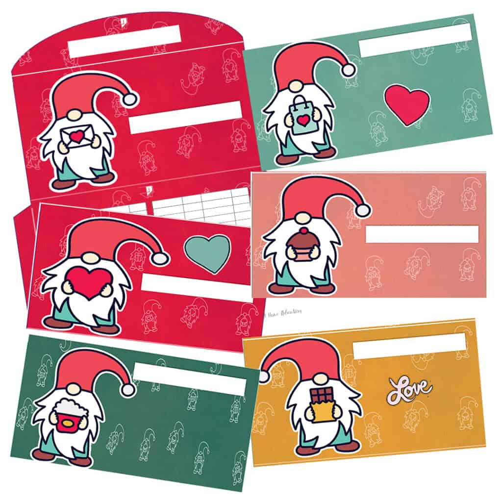 Six different Valentine's gnome cash envelopes