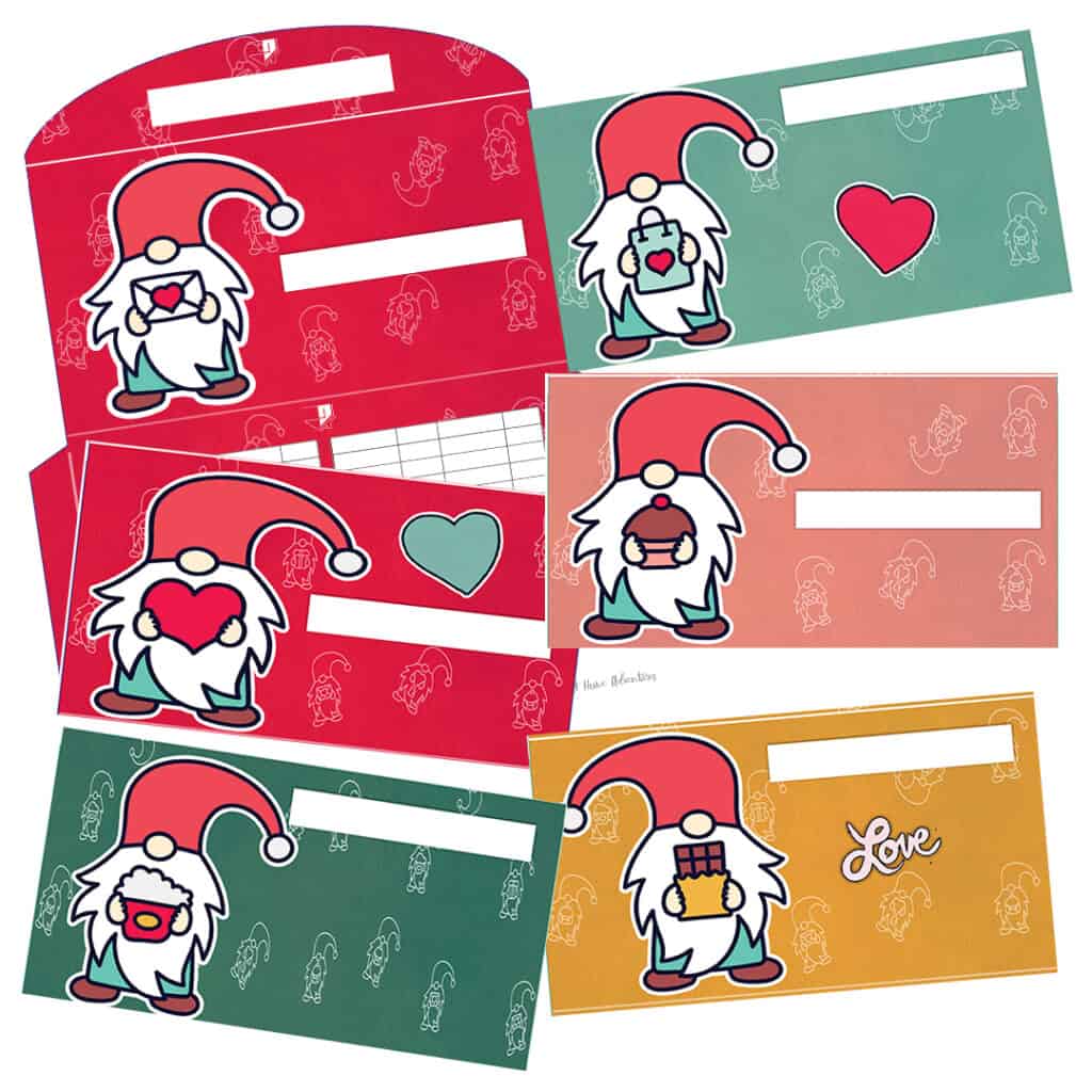 Six different Valentine's gnome cash envelopes