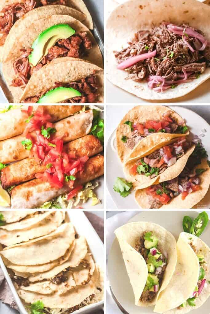 6 different tacos plated.