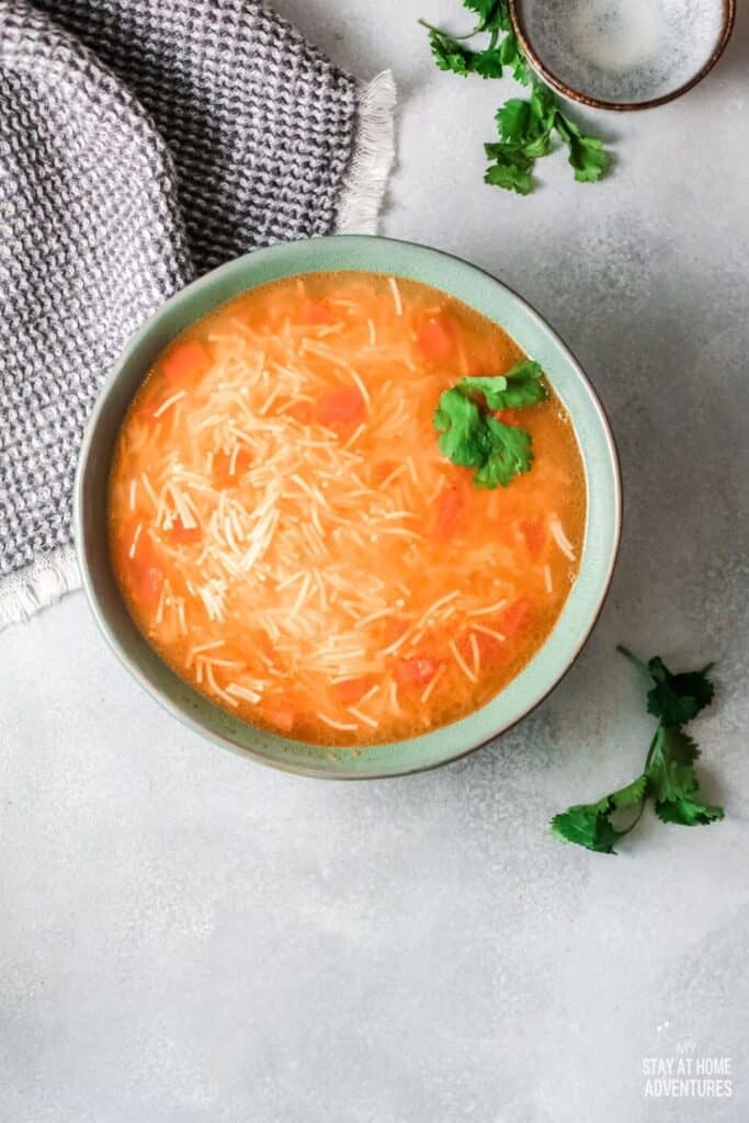 Sopa de fideo plated on teal bowl.