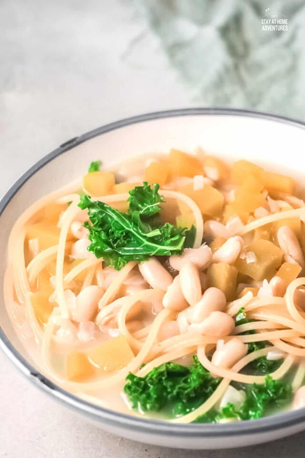 Porotos con rienda is a soup/stew made of boiled beans, spaghetti, pumpkin, onion, and greens of some sort. #soup #Chileanrecipe #beansoup #meatlesssoup via @mystayathome