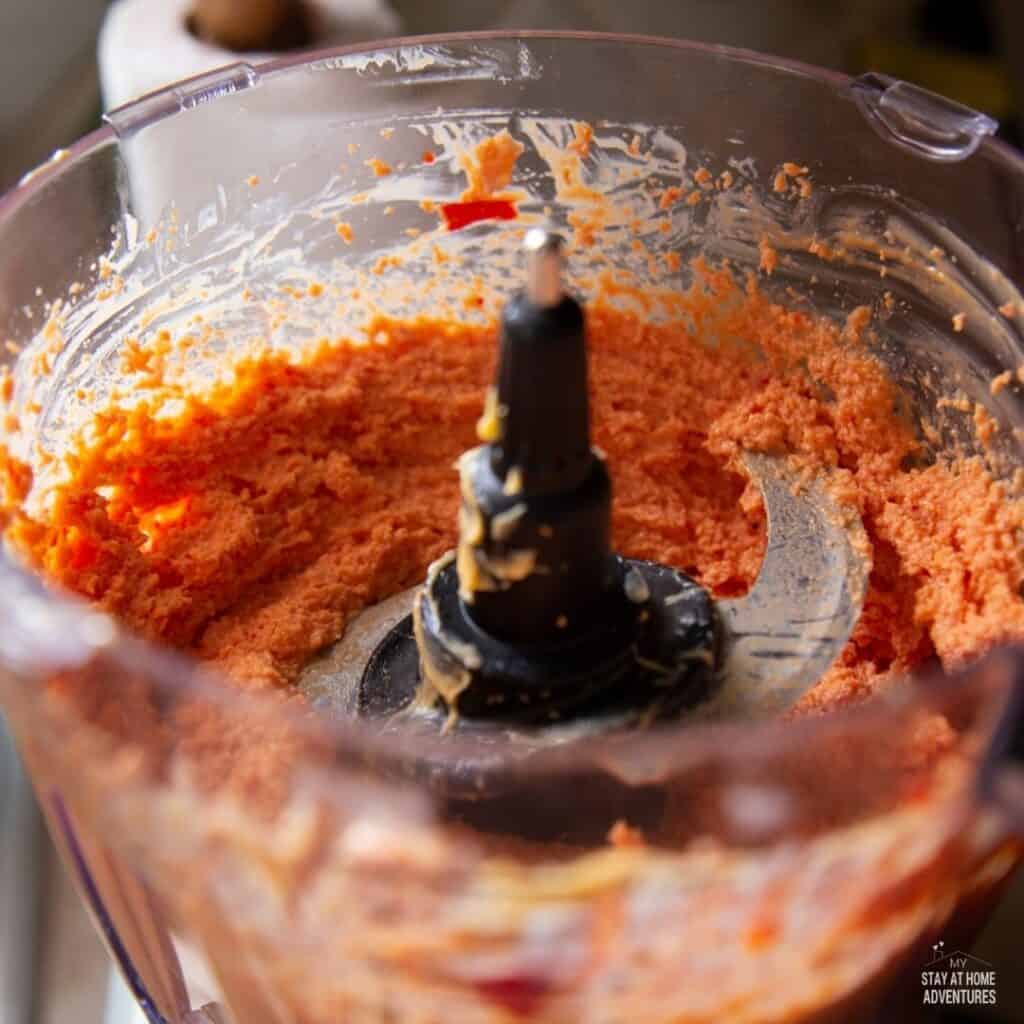 Ingredients in a food processor blended.