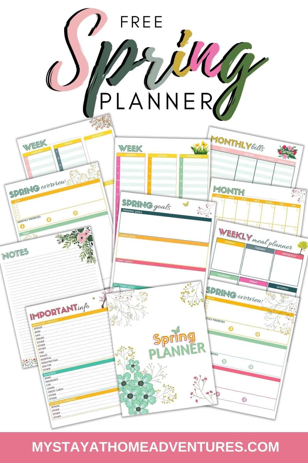 Get spring organized with this 12-page free spring-themed planner. Digital download product that comes with blank calendar to meal planning. #freeplanner #freespringplanner #planning #planner via @mystayathome