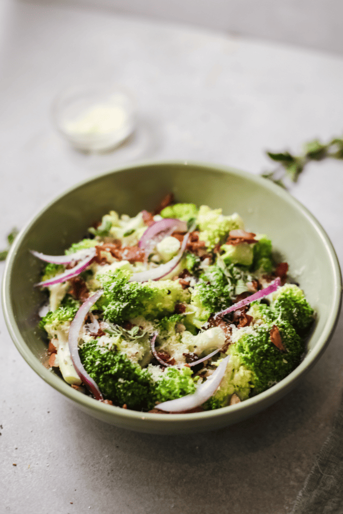 Plated broccoli salad.