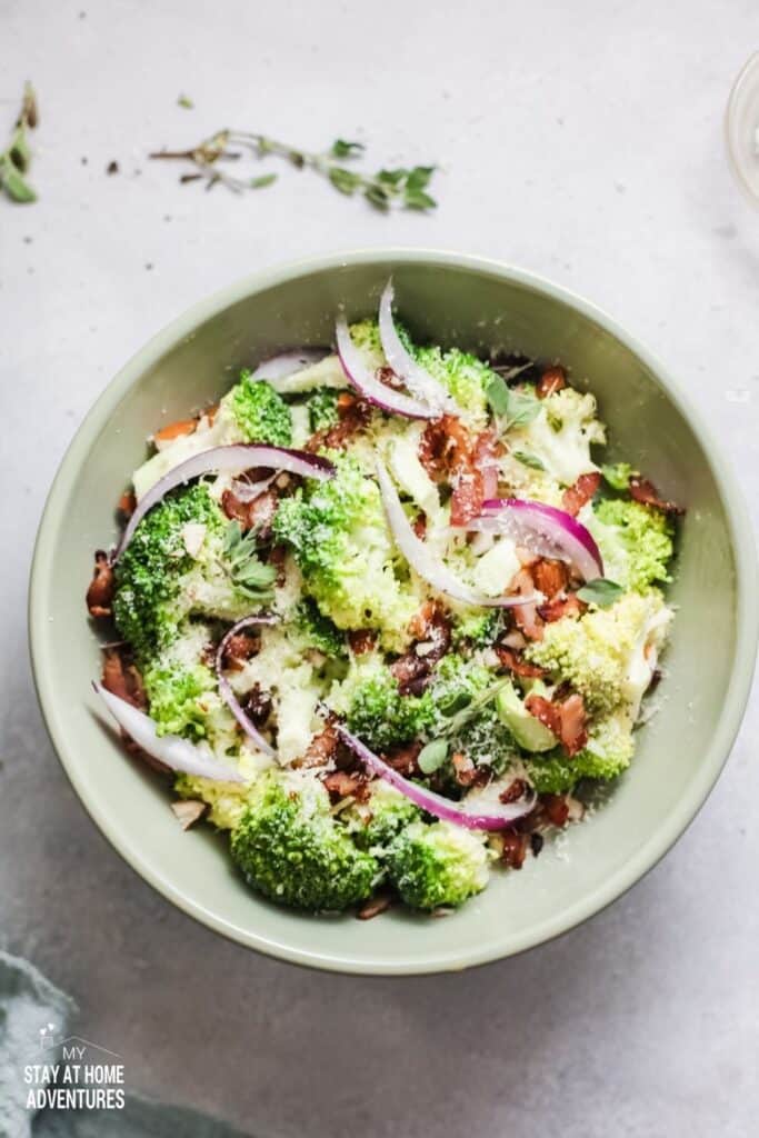 Areal of keto broccoli salad plated.