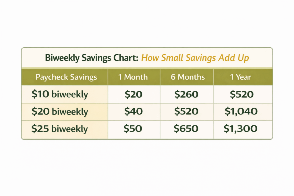 A biweekly savings chart for low income households showing how saving $10, $20, or $25 every two weeks adds up to $520, $1,040, and $1,300 over one year.