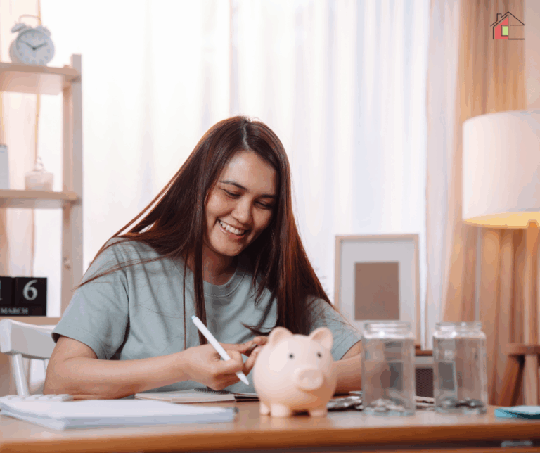 A woman using a notebook and piggy bank to track a biweekly savings plan for low income households, with jars of money on a desk in a cozy home setting.