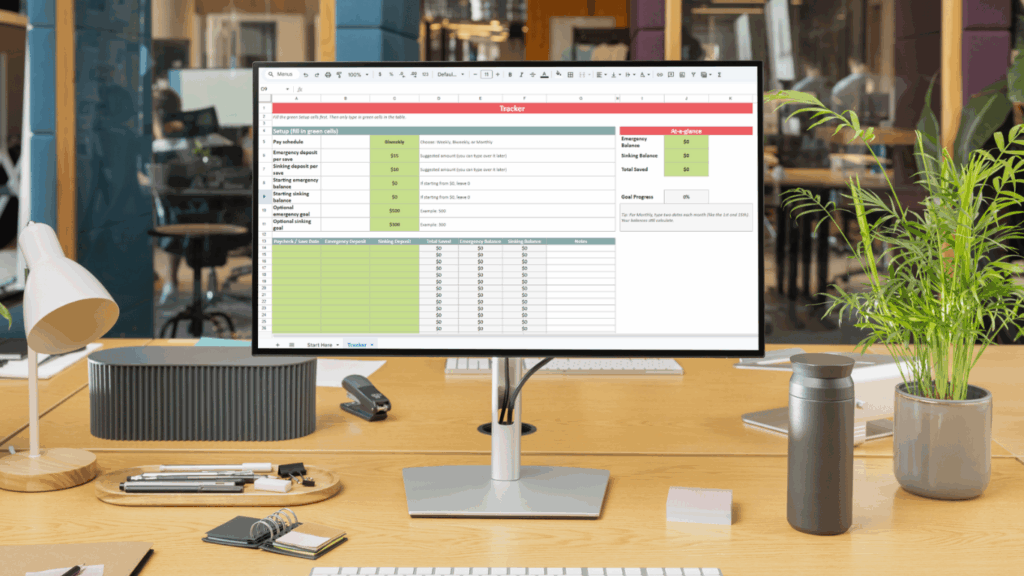 A desktop computer displaying a biweekly savings plan for low income households in Google Sheets, showing an emergency fund and sinking fund tracker on a clean, organized home office desk.