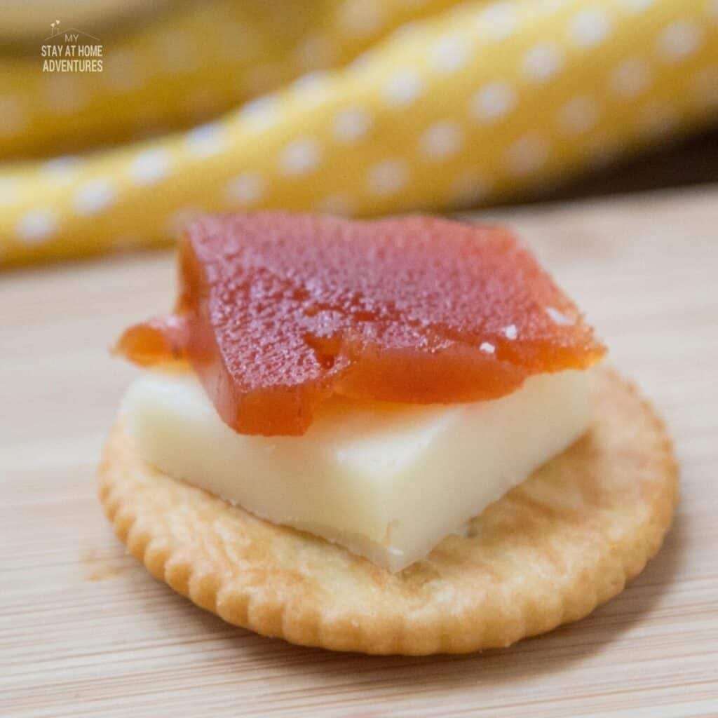 close up photo of cheese and cracker with guava paste on top