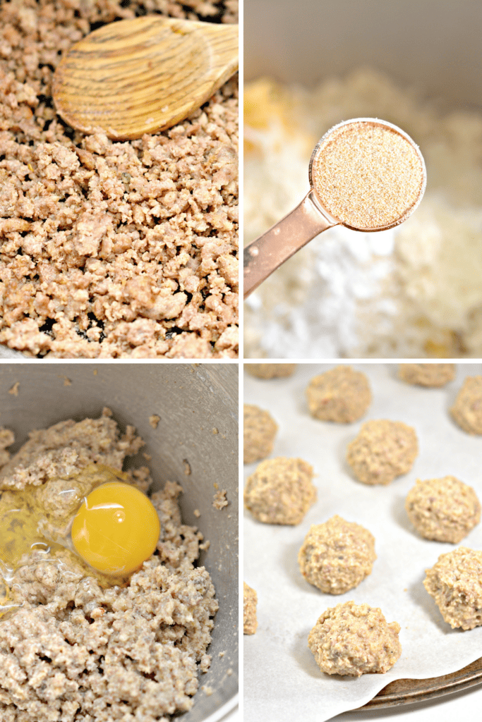 Steps showing how to make sausage breakfast cookies