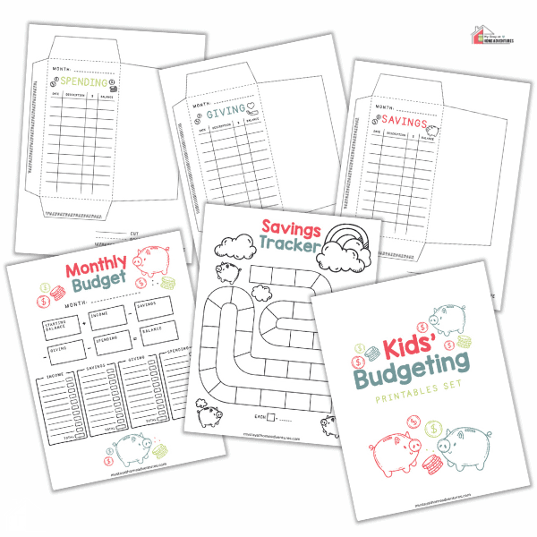 Photo showing all 6 sheets included in the kids budgeting sheets 