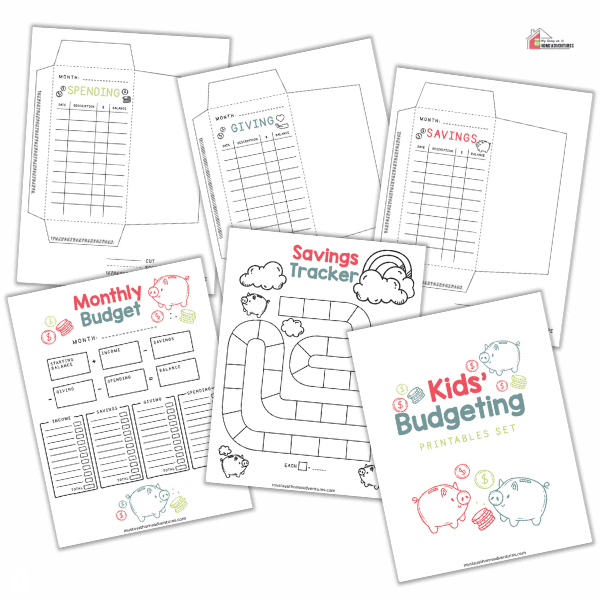 Photo showing all 6 sheets included in the kids budgeting sheets