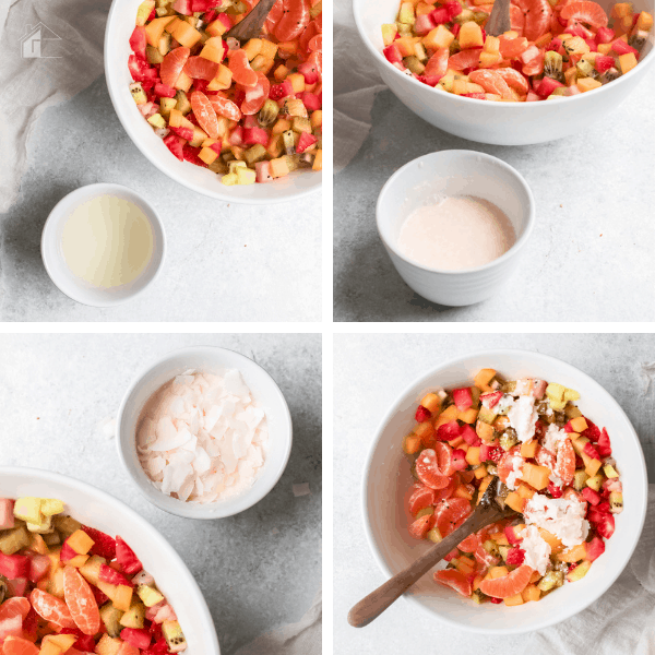 Collage of photos showing how fruit salad is made. 