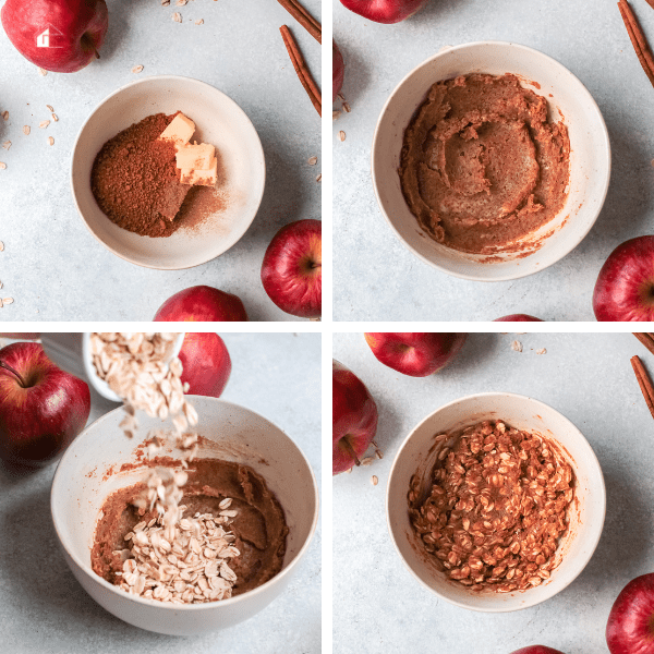 collage of making the stuffing for the stuffed apple