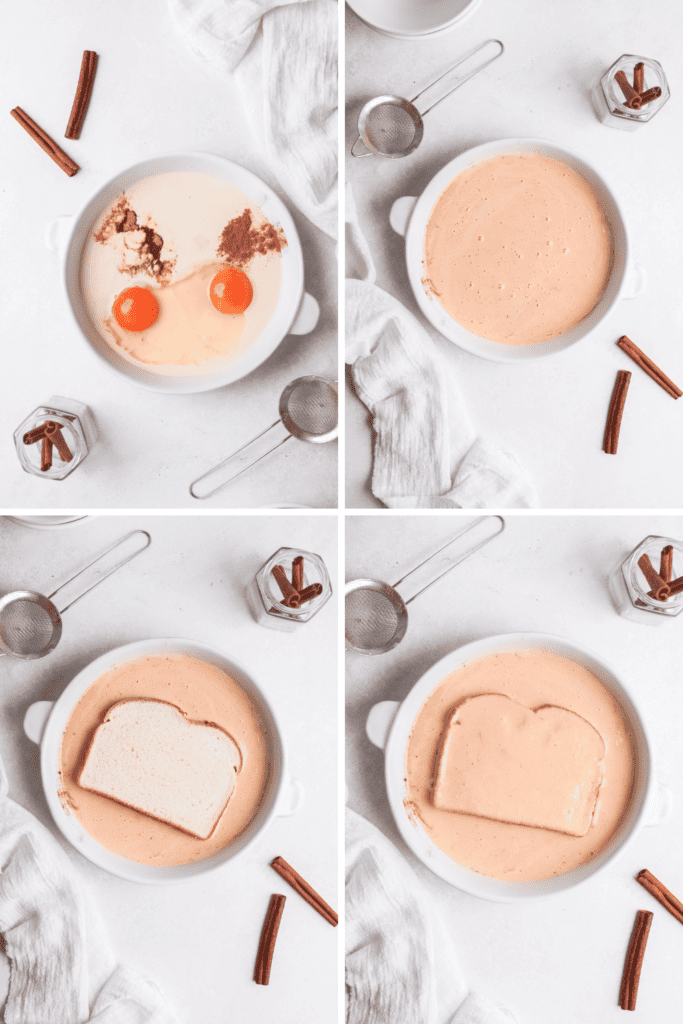 Four photos showing the process on how to make eggnog french toast