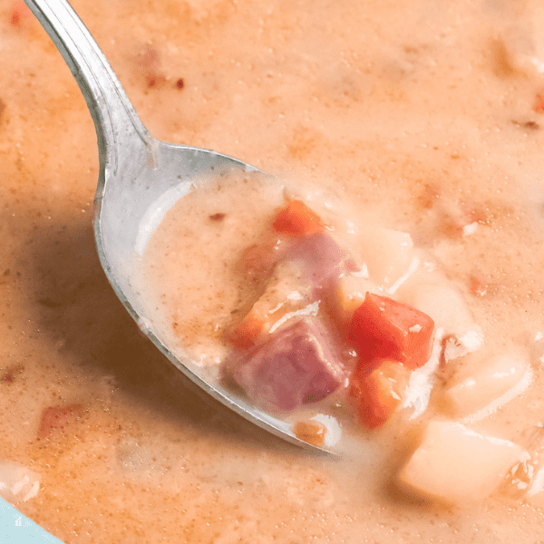 Close up of a spoon full of potato ham soup in a bowl.