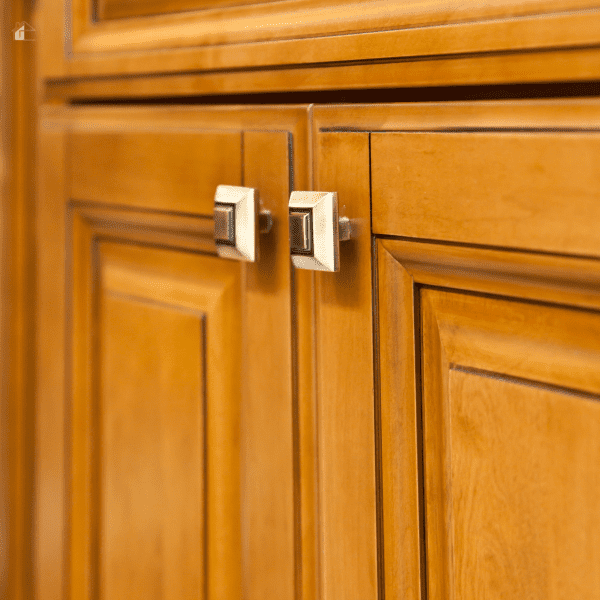 close up view of a wooden kitchen cabinet