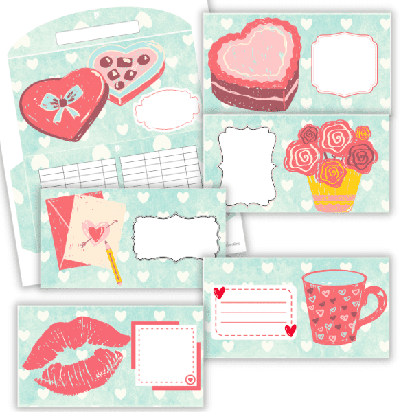 six different Valentine's day cash envelopes with Vantine's day clip arts.