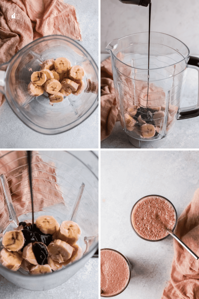 collage showing how to make chocolate banana milkshake