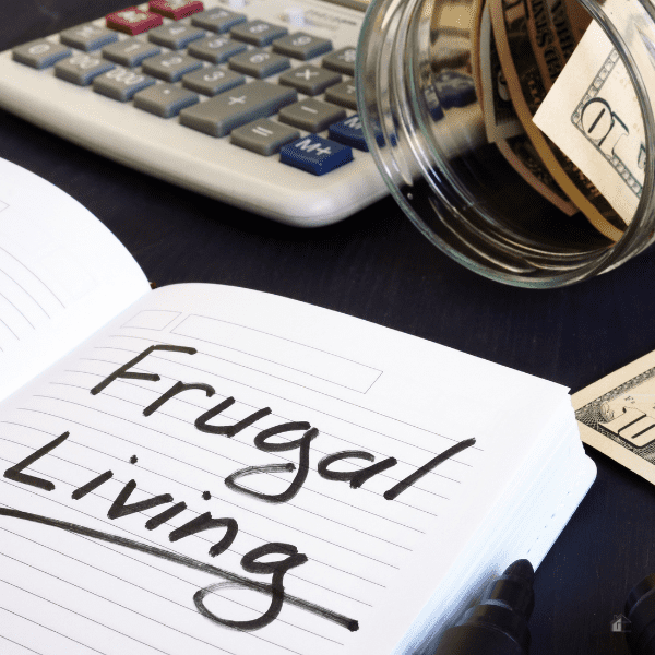 Frugal living written on a note pad with money around.