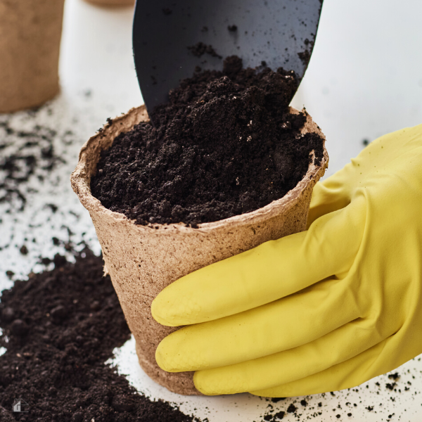 Woman Hands in a Yellow Gloves Transplating Plant