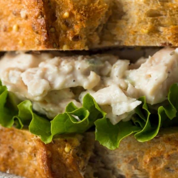 Close up to a chicken salad sandwich.
