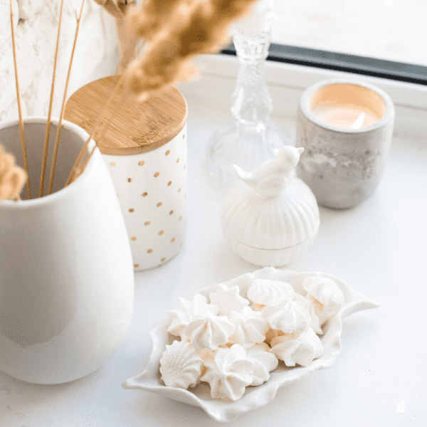 white real home decor, ceramic interior details with vases and candles close-up