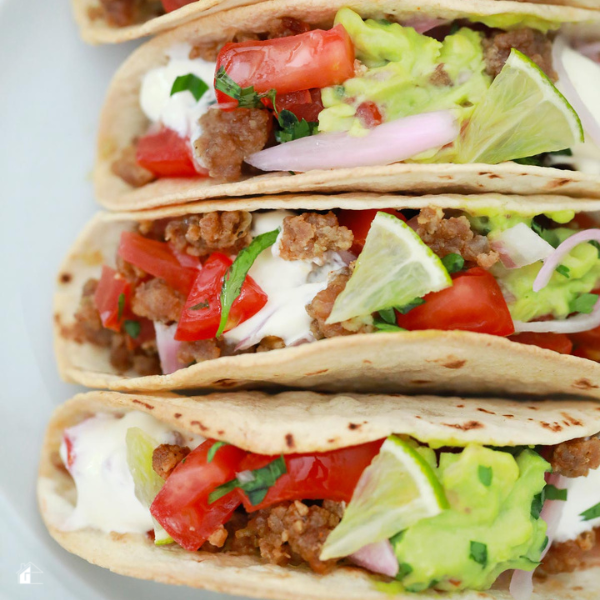 Three ground pork tacos plated.