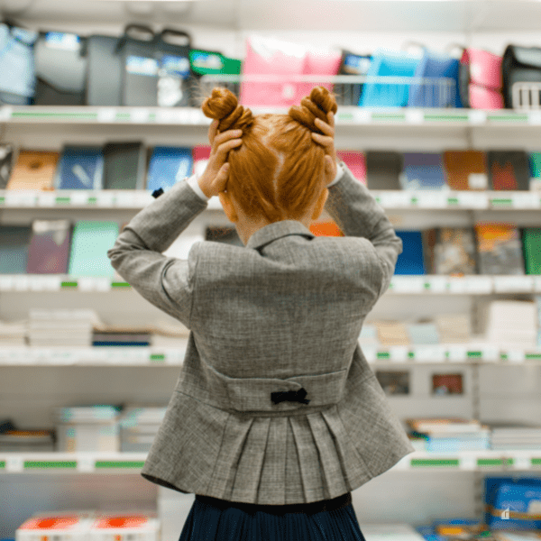 Little girl in front of school supply aisle.