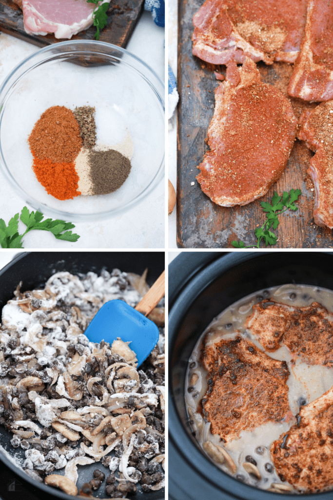 Collage of four photos showing how to make slow cooker pork chops.