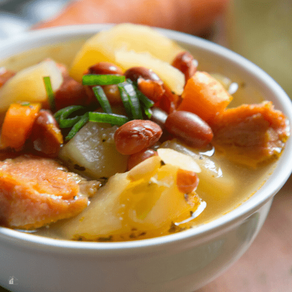 Ham bean and potato soup close up.