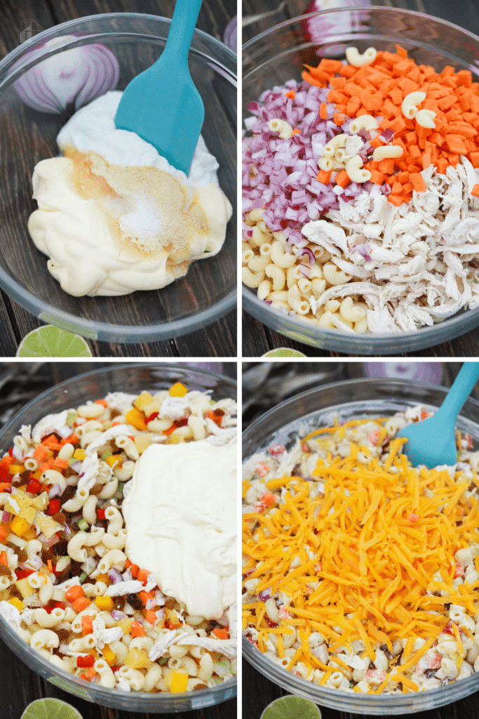 Collage of steps to make chicken macaroni salad.