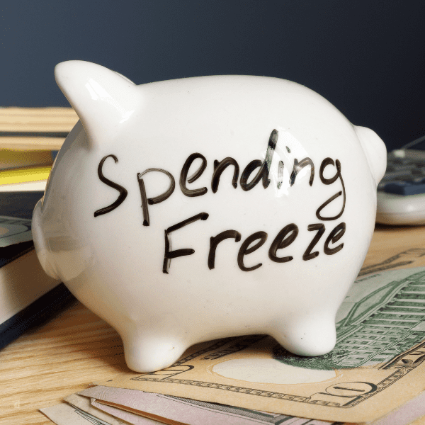 Spending freeze written on a side of piggy bank.