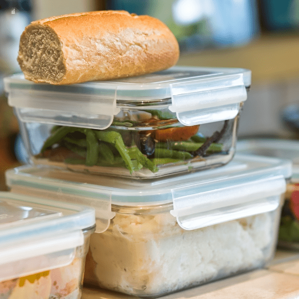 Stacked containers of leftovers