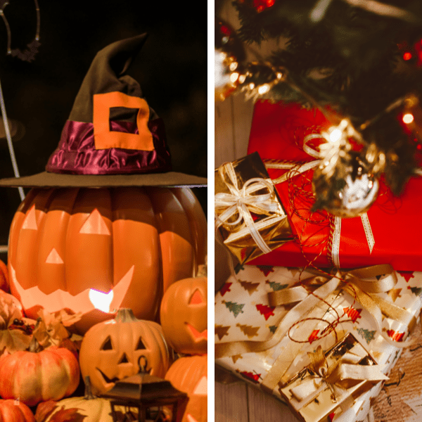 Side by side photo left Halloween Jack-o-lantern next to a photo of Christmas presents under a tree.