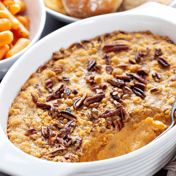 Sweet potato casserole with peacan nuts on top. 