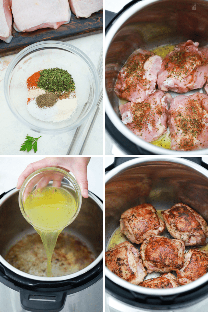 Four photos showing steps to making chicken thighs using an Instant Pot.