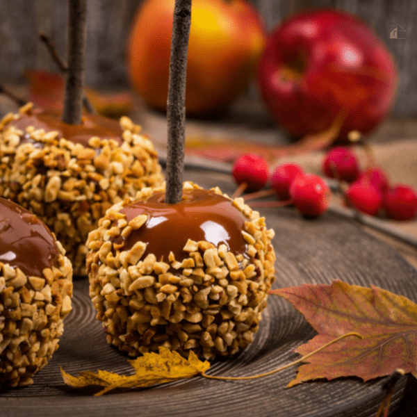 Caramel apple with nuts.