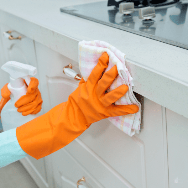 Woman cleaning the kitchen cabinet