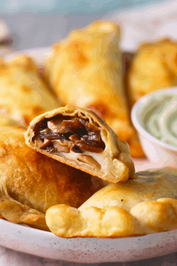 Baked Argentinian cheese and mushroom empanadas on a plate with one empanada cut open showing a mushroom and melted cheese filling inside a golden crust.