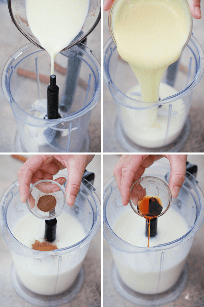 Collage of four photos showing how to add Coquito ingredients to a blended.