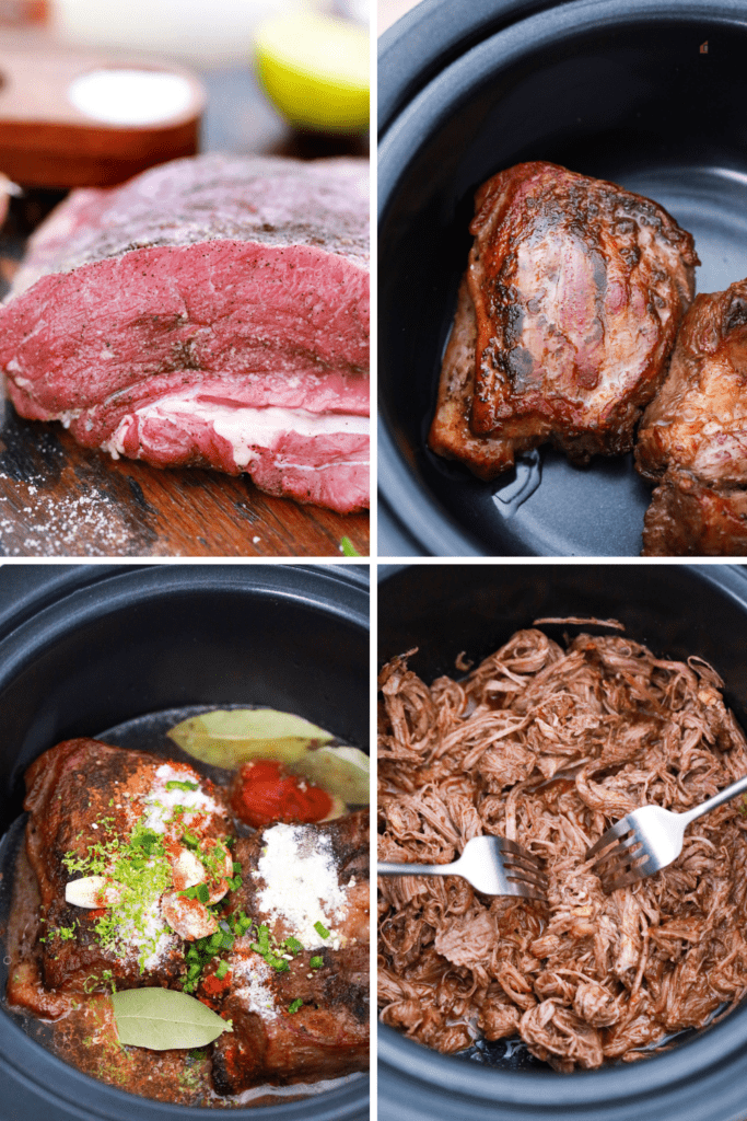 Collage of steps on how to make shredded beef in the slow cooker.