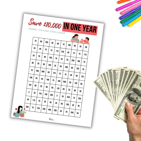 Printable with numbers tracking to save $10K in one year. Hand holding one hundred bills on the side and colorful markets above it.