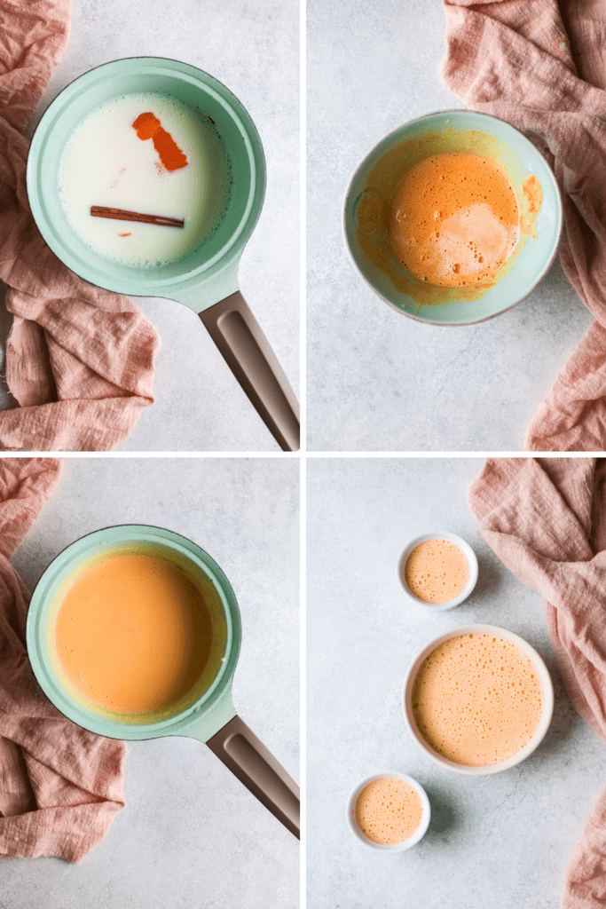 four photos showing how to create Crema Catalina.